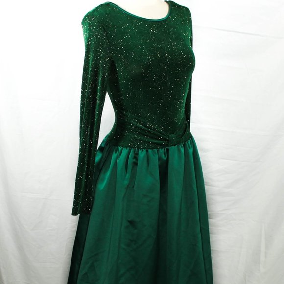 Vintage 1990s Emerald Green Gown Gold Glitter Fleck Bodice prom - Picture 2 of 11